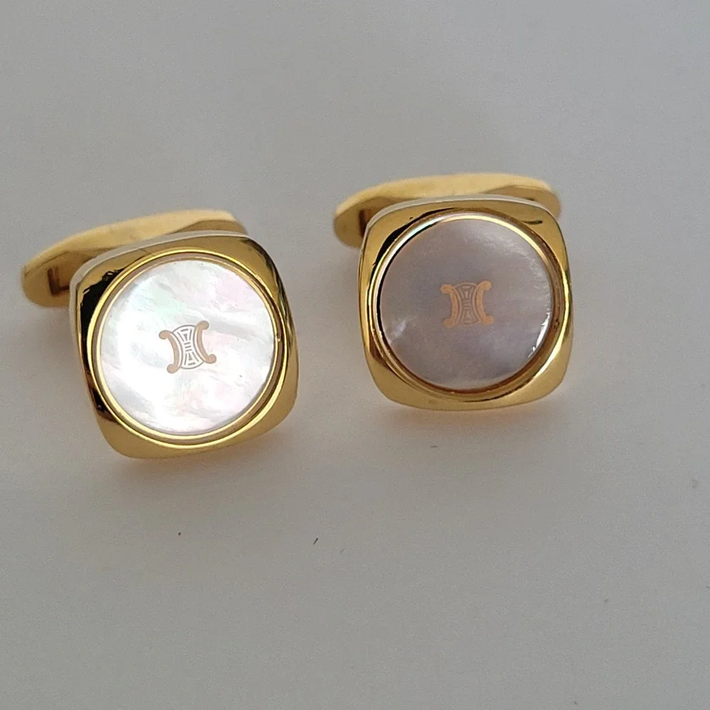 Celine Vintage Triomphe Mother of Pearl Gold Tone Square Cufflinks